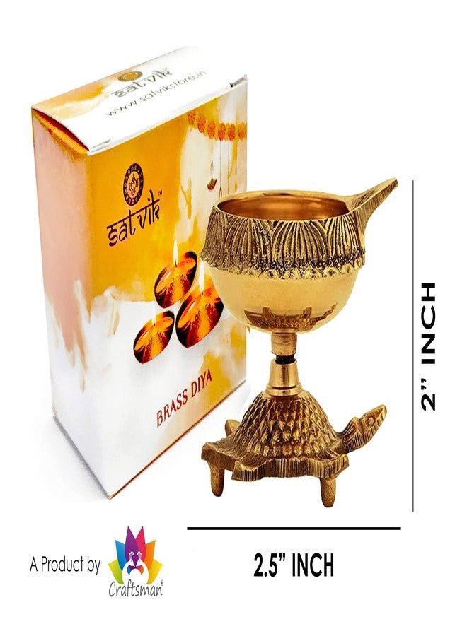 SATVIK 2 Pc Set Pure Brass Diwali Diya Indian Puja Oil LampGolden Engraved Design Dia with Turtle Base. Deepawali Diya/Tea Light Holder/Diwali Traditional Oil Lamp Indian Gift Item - Image 3